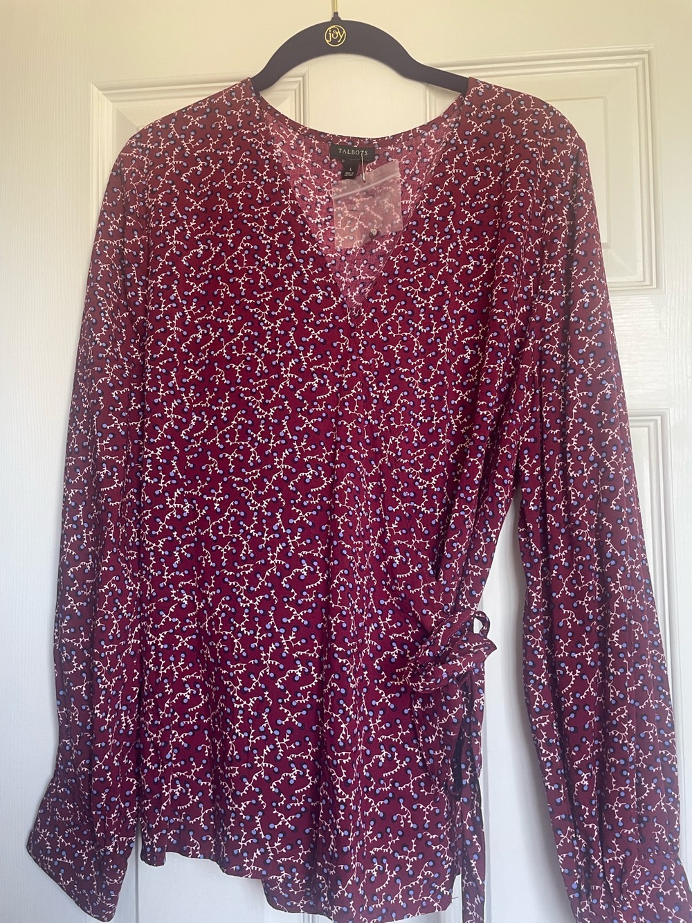 Talbots Tiny Floral Merlot Wrap Blouse, 24" slv, 100% rayon, elastic back waist.